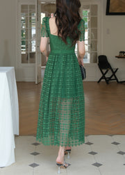 Elegant Green Square Collar Hollow Out Lace Long Dress Summer