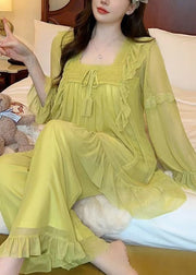 Elegant Green Square Collar Lace Up Tulle Pajamas Two Piece Suit Set Butterfly Sleeve