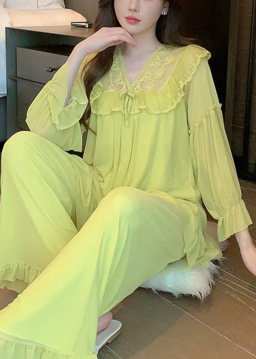 Elegant Green Square Collar Lace Up Tulle Pajamas Two Piece Suit Set Butterfly Sleeve