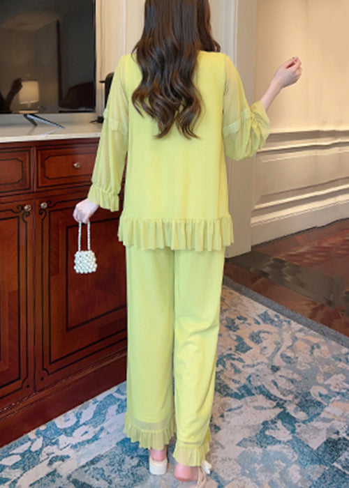 Elegant Green Square Collar Lace Up Tulle Pajamas Two Piece Suit Set Butterfly Sleeve