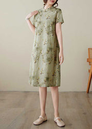 Elegant Green Stand Collar Print Button Cotton Dress Summer