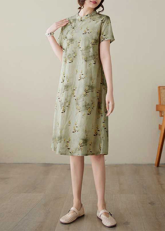 Elegant Green Stand Collar Print Button Cotton Dress Summer