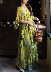 Elegant Green Tie Dye Ruffled Patchwork Silk Ankle Dress Summer