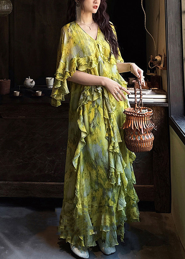 Elegant Green Tie Dye Ruffled Patchwork Silk Ankle Dress Summer