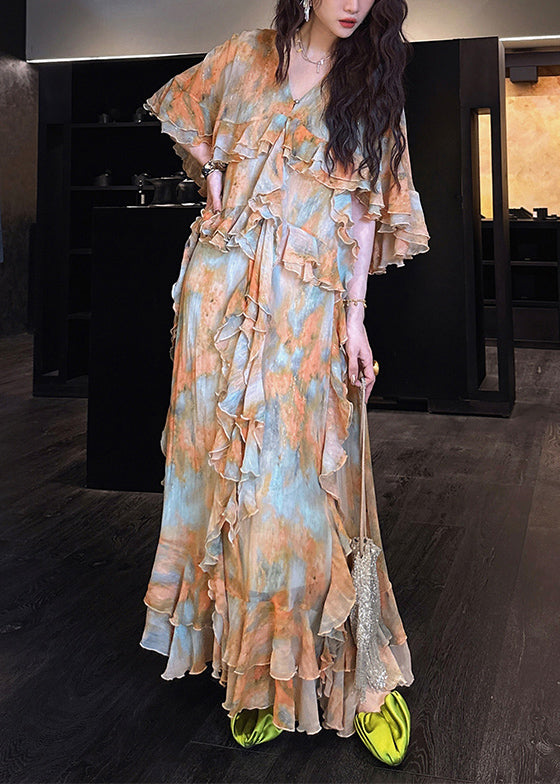 Elegant Green Tie Dye Ruffled Patchwork Silk Ankle Dress Summer