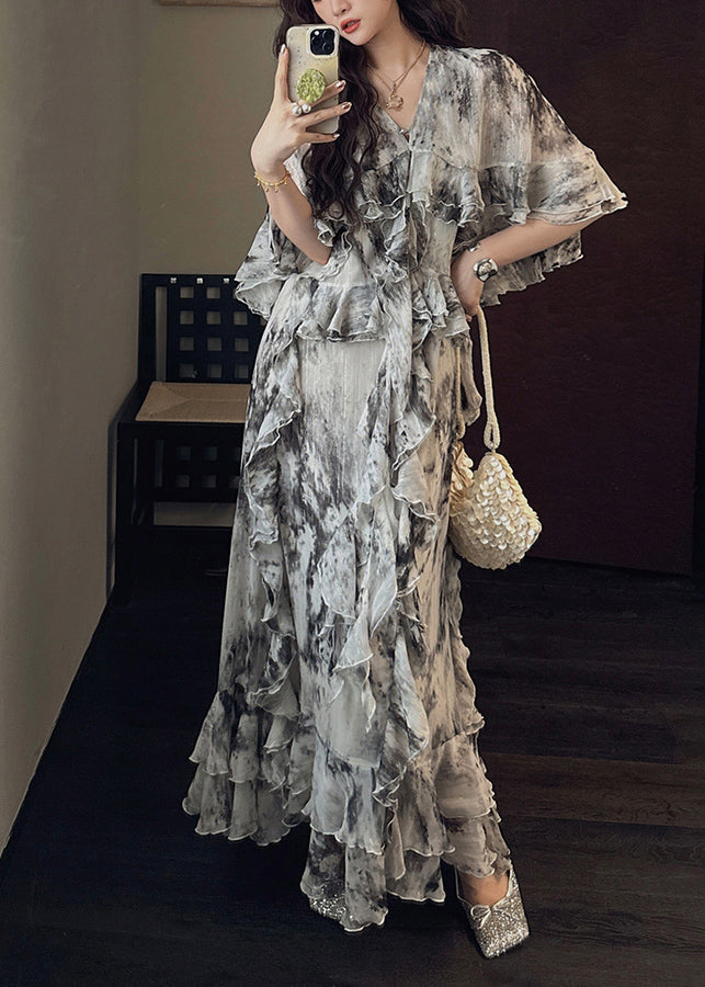 Elegant Green Tie Dye Ruffled Patchwork Silk Ankle Dress Summer