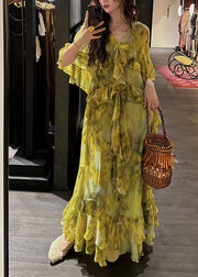 Elegant Green Tie Dye Ruffled Patchwork Silk Ankle Dress Summer