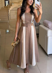 Elegant Green Tie Waist Patchwork Cotton Spaghetti Strap Dress Sleeveless