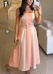 Elegant Green Tie Waist Patchwork Cotton Spaghetti Strap Dress Sleeveless