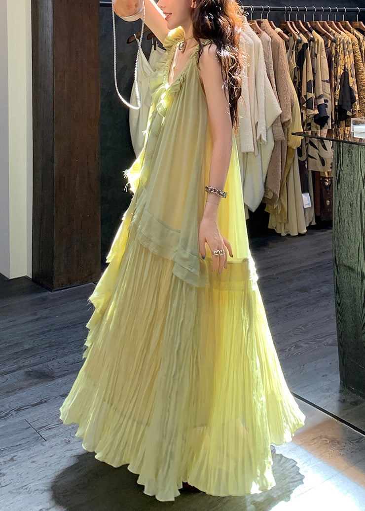 Elegant Green V Neck Lace Up Wrinkled Chiffon Long Dress Sleeveless