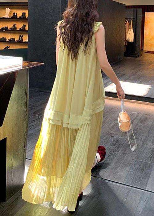 Elegant Green V Neck Lace Up Wrinkled Chiffon Long Dress Sleeveless
