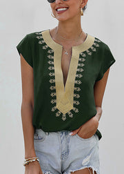 Elegant Green V Neck Patchwork Shirts Summer