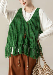 Elegant Green V Neck Tasseled Knit Vest And White Cotton T Shirt Two Pieces Set Fall