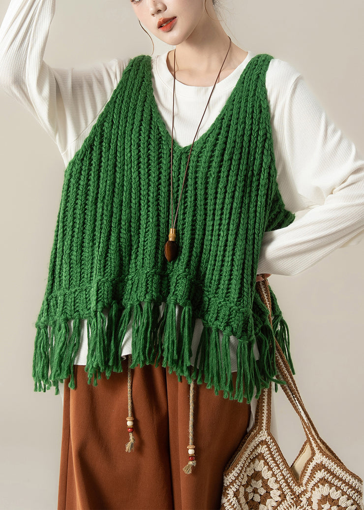 Elegant Green V Neck Tasseled Knit Vest And White Cotton T Shirt Two Pieces Set Fall