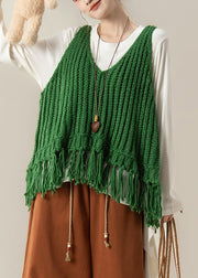 Elegant Green V Neck Tasseled Knit Vest And White Cotton T Shirt Two Pieces Set Fall