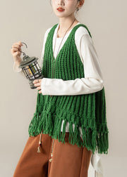 Elegant Green V Neck Tasseled Knit Vest And White Cotton T Shirt Two Pieces Set Fall