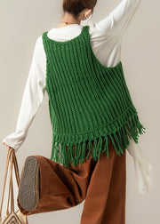 Elegant Green V Neck Tasseled Knit Vest And White Cotton T Shirt Two Pieces Set Fall