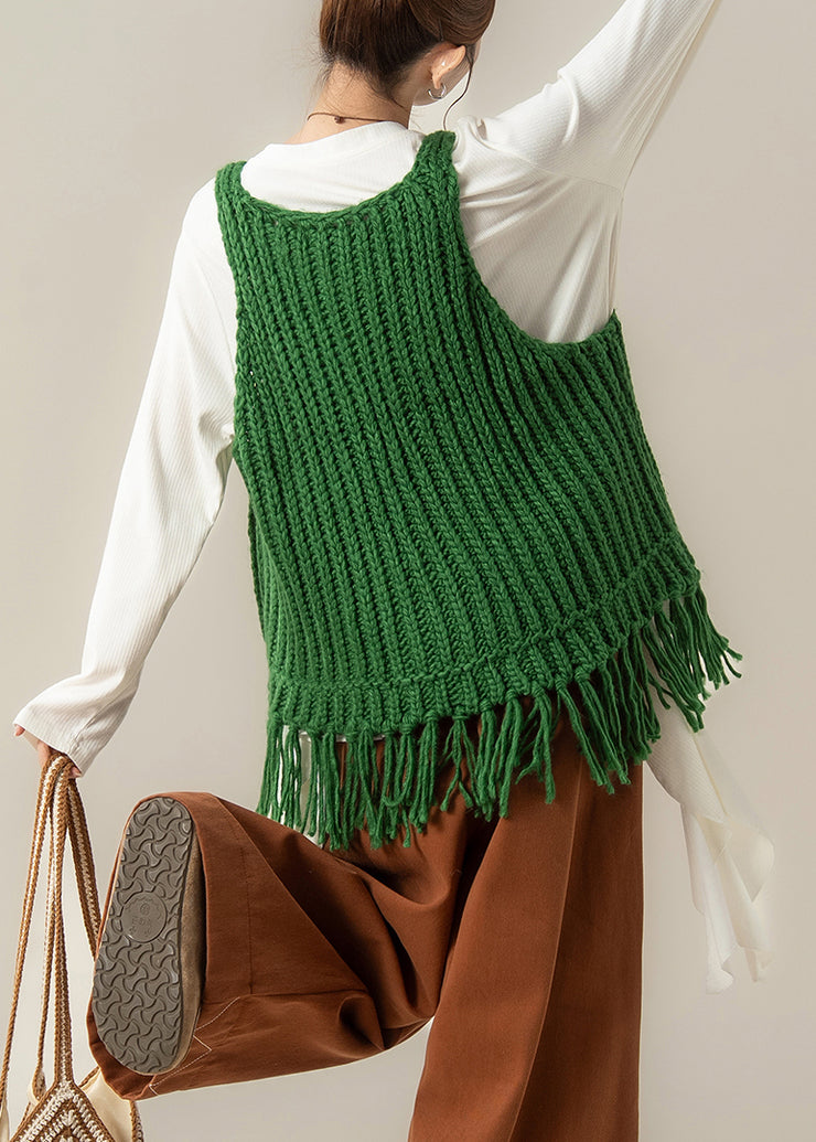 Elegant Green V Neck Tasseled Knit Vest And White Cotton T Shirt Two Pieces Set Fall