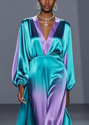 Elegant Green V Neck Tie Dye Silk Long Dress Spring