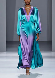 Elegant Green V Neck Tie Dye Silk Long Dress Spring