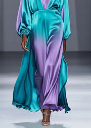 Elegant Green V Neck Tie Dye Silk Long Dress Spring