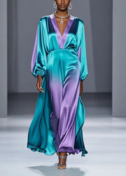 Elegant Green V Neck Tie Dye Silk Long Dress Spring