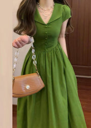 Elegant Green V Neck Wrinkled High Waist Cotton Maxi Dresses Summer