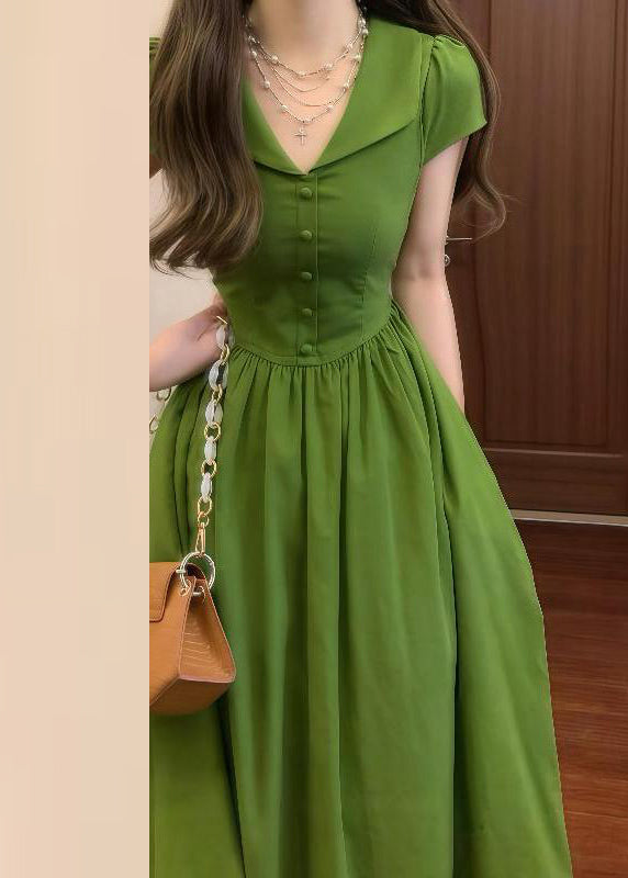 Elegant Green V Neck Wrinkled High Waist Cotton Maxi Dresses Summer