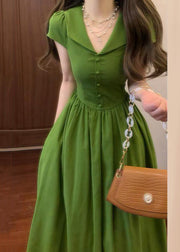 Elegant Green V Neck Wrinkled High Waist Cotton Maxi Dresses Summer