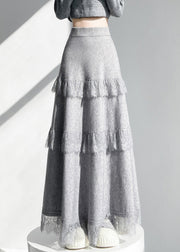 Elegant Grey Elastic Waist Lace Patchwork Knit Skirts Winter