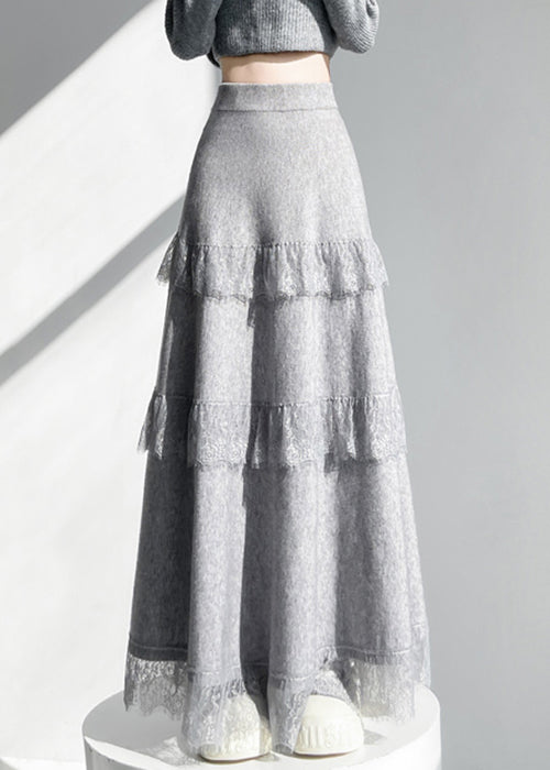 Elegant Grey Elastic Waist Lace Patchwork Knit Skirts Winter