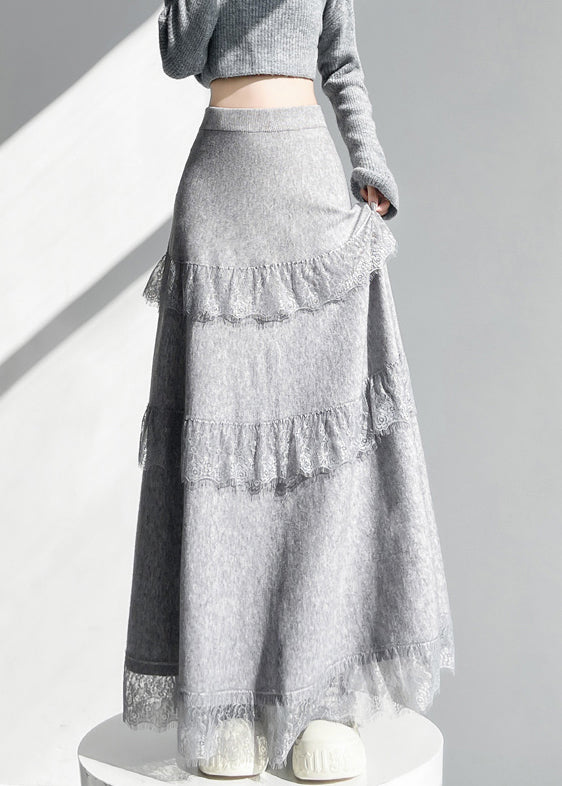 Elegant Grey Elastic Waist Lace Patchwork Knit Skirts Winter