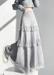 Elegant Grey Elastic Waist Lace Patchwork Knit Skirts Winter