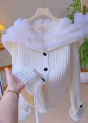 Elegant Grey Fox Collar Button Patchwork Knit Coats Winter