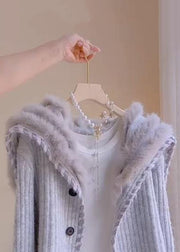 Elegant Grey Fox Collar Button Patchwork Knit Coats Winter