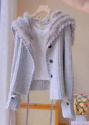 Elegant Grey Fox Collar Button Patchwork Knit Coats Winter