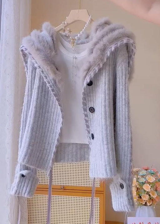 Elegant Grey Fox Collar Button Patchwork Knit Coats Winter