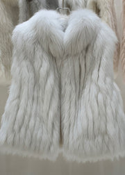 Elegant Grey Fox Collar Patchwork Leather And Fur Waistcoat Winter