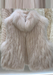 Elegant Grey Fox Collar Patchwork Leather And Fur Waistcoat Winter