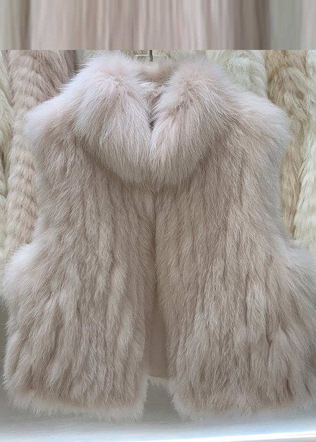 Elegant Grey Fox Collar Patchwork Leather And Fur Waistcoat Winter