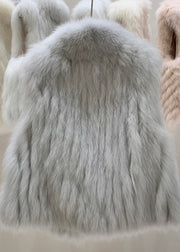 Elegant Grey Fox Collar Patchwork Leather And Fur Waistcoat Winter