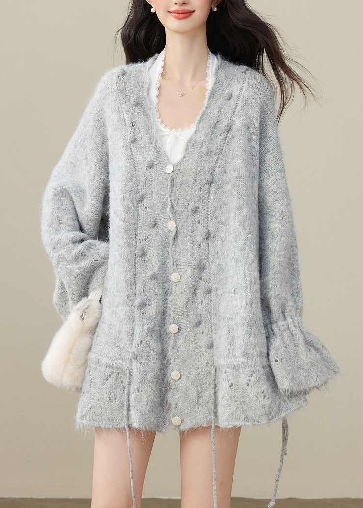 Elegant Grey Fuzzy Ball Decorated Drawstring Knit Cardigan Winter