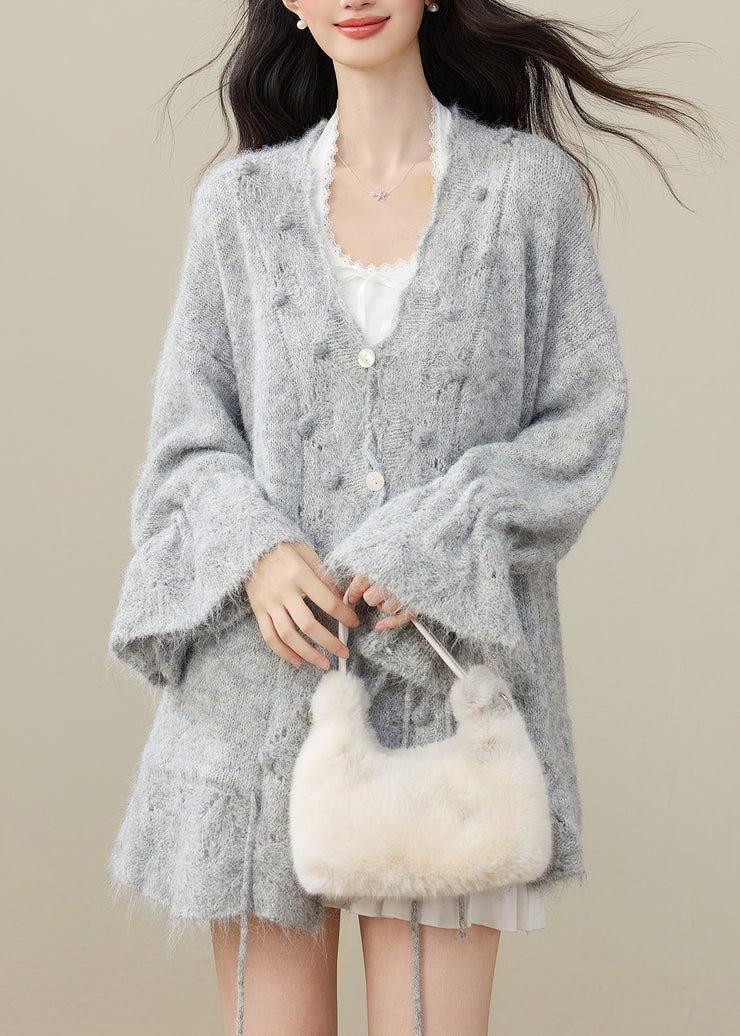 Elegant Grey Fuzzy Ball Decorated Drawstring Knit Cardigan Winter