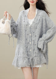 Elegant Grey Fuzzy Ball Decorated Drawstring Knit Cardigan Winter