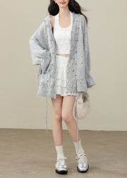 Elegant Grey Fuzzy Ball Decorated Drawstring Knit Cardigan Winter