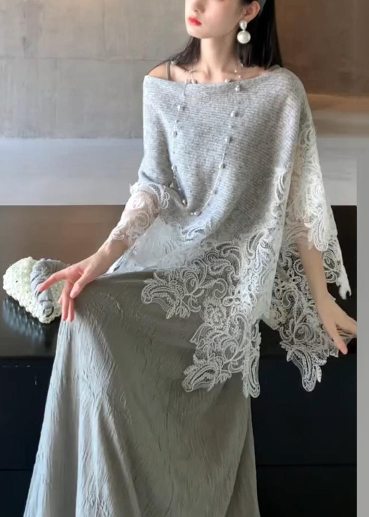 Elegant Grey Lace Patchwork Cotton Knit Cape And Long Dresses Two Piece Set Batwing Sleeve