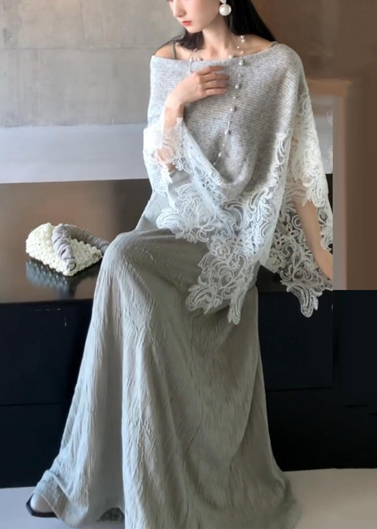 Elegant Grey Lace Patchwork Cotton Knit Cape And Long Dresses Two Piece Set Batwing Sleeve