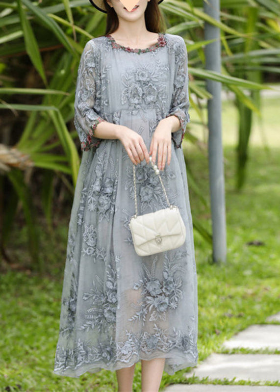 Elegant Grey O-Neck Embroidered Silk Long Dresses Bracelet Sleeve