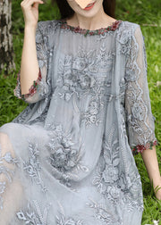 Elegant Grey O-Neck Embroidered Silk Long Dresses Bracelet Sleeve