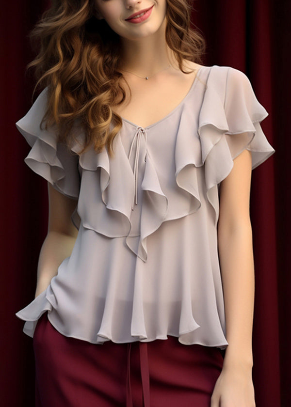 Elegant Grey Ruffled Patchwork Chiffon Blouses Summer